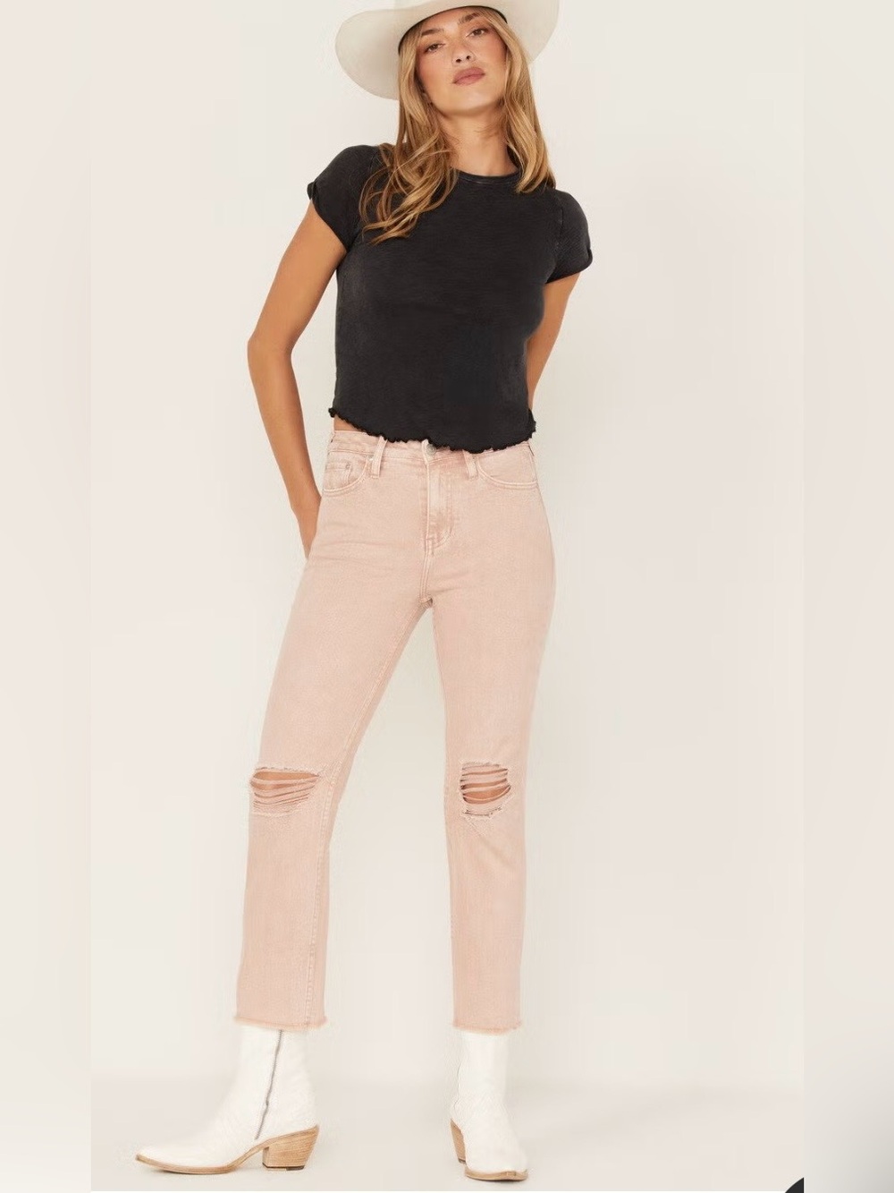 High-Rise pale Pink Distressed Straight-Leg Jeans